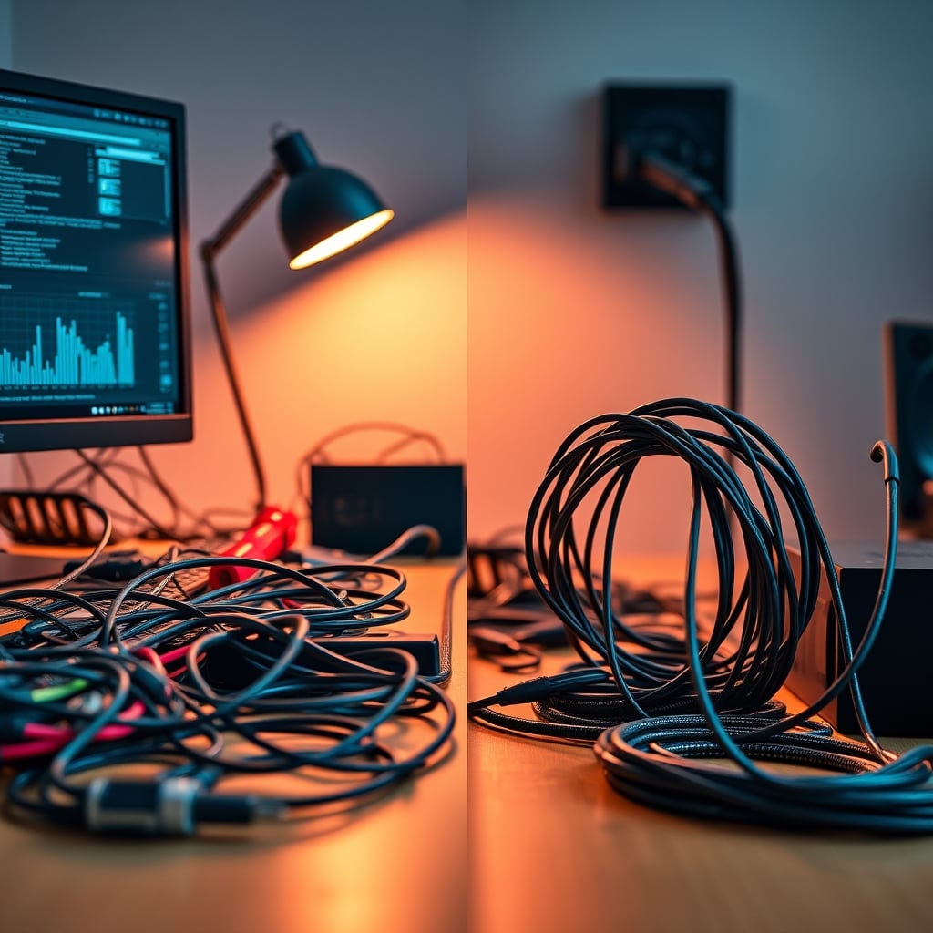 Two desk setups side by side, one with loose but labeled cables, another with tight bundles in plastic raceways