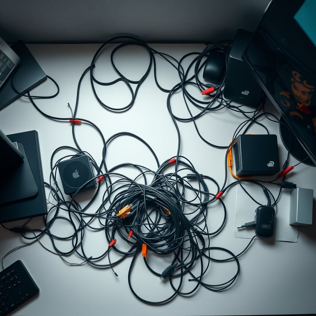 The stark contrast between a clean desk surface and a chaotic tangle of cables behind it.