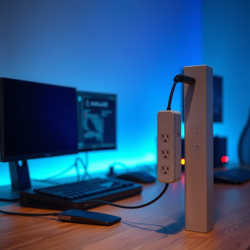 A power strip mounted vertically on a metal desk leg, with cables neatly routed.