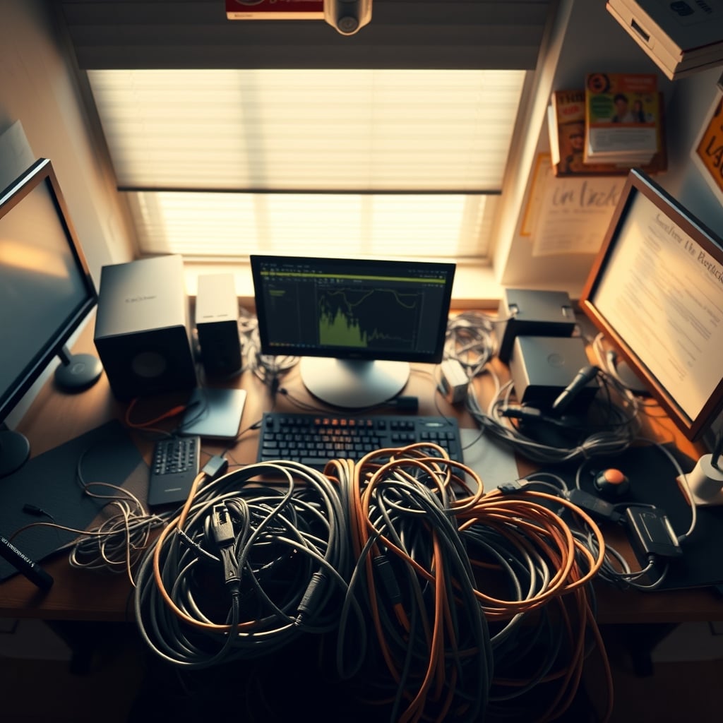 A realistic, messy tangle of computer cables behind a desk, showing the common problem.