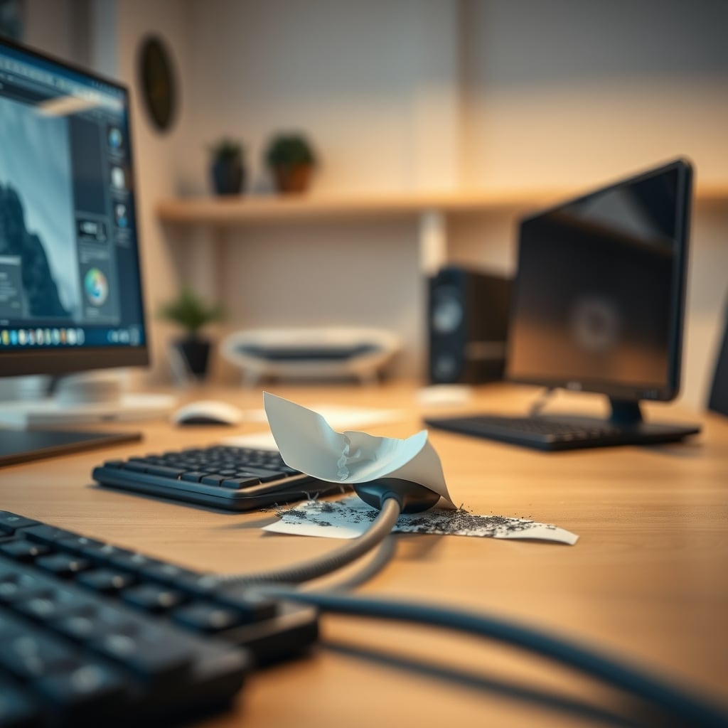 A white plastic adhesive cable channel sagging and peeling off the edge of a wooden desk, leaving sticky residue and damaging the finish.