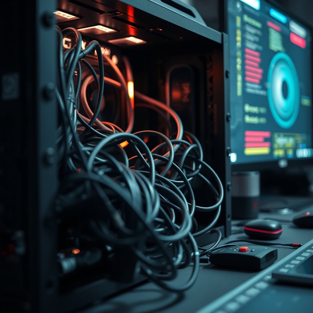 A tangled, dusty mess of cables and overheating power bricks crammed inside a white cable management box, showing the reality of hidden clutter.