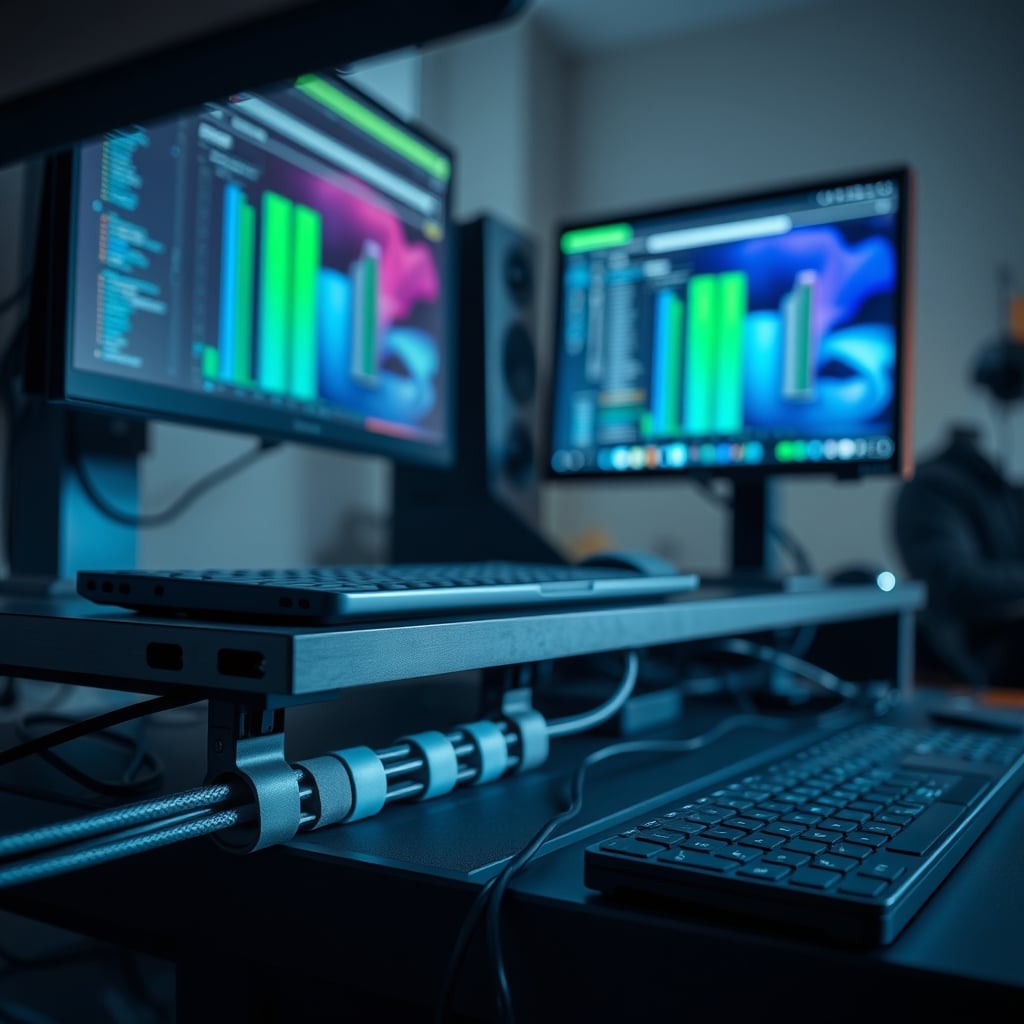 The utilitarian underside of a desk showing black screw-in cable tie mounts with neat, separated cable runs using nylon zip ties.
