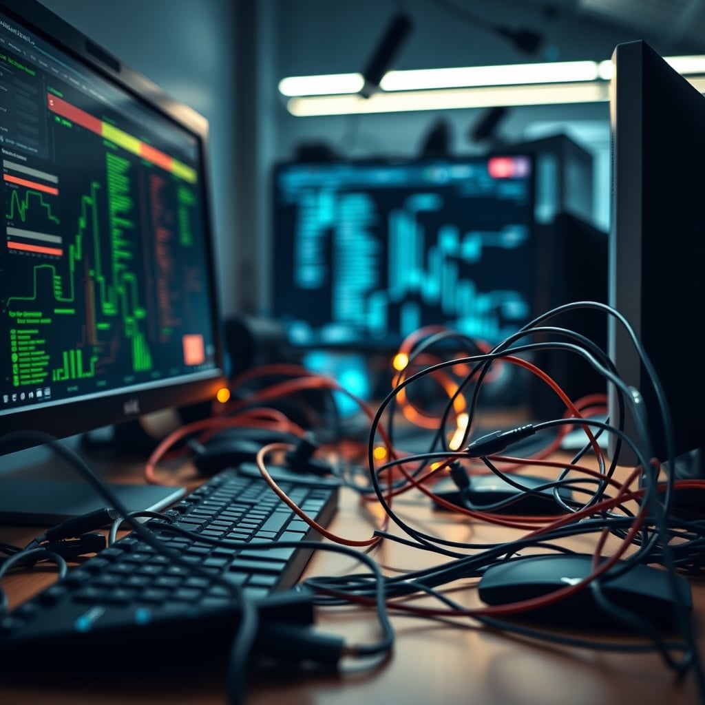 A dense, tangled bundle of cables on a wooden desk, with a visual overlay representing electromagnetic noise.