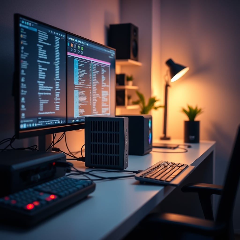 A compact UPS/power conditioner unit plugged into a wall, with a desktop computer and monitor connected to it.