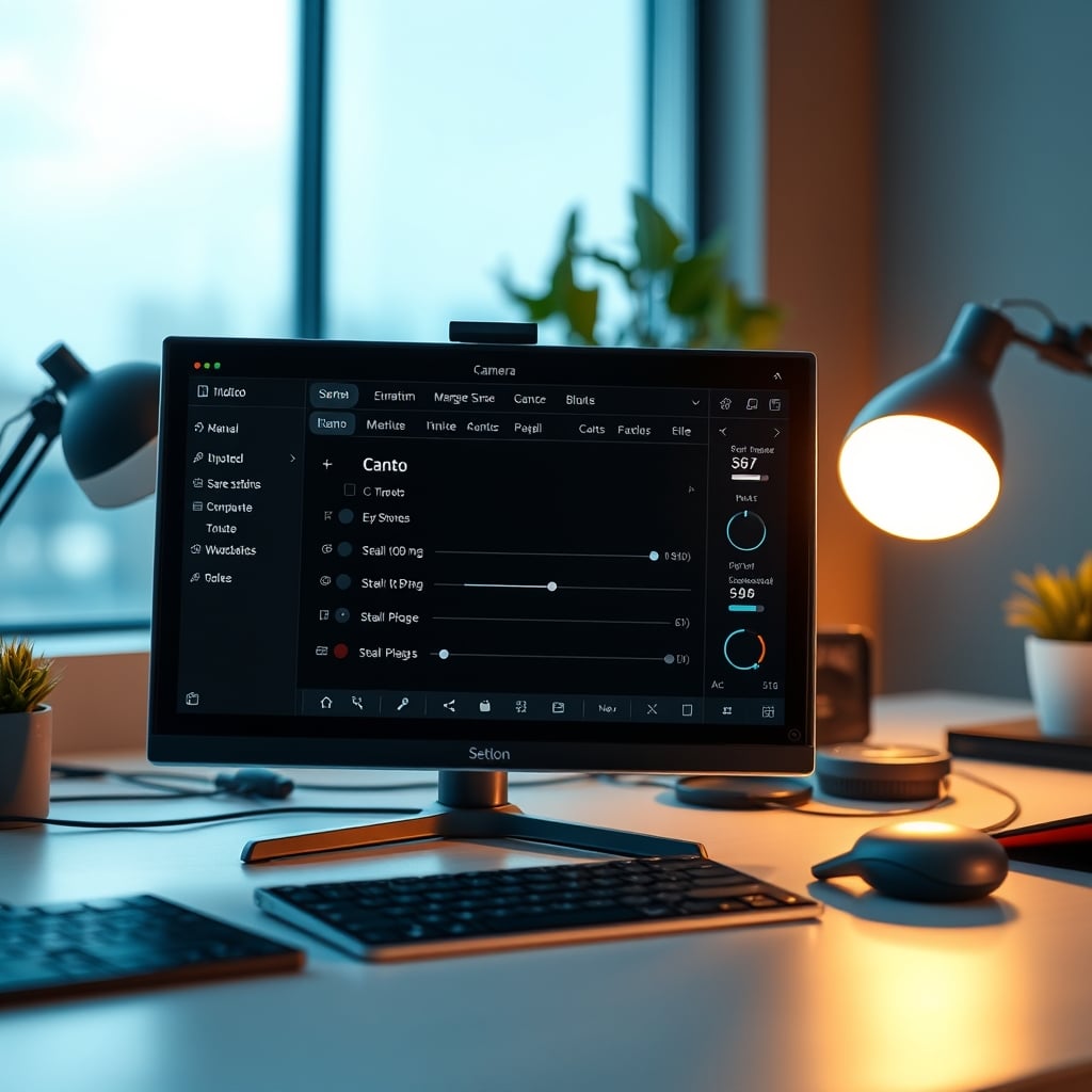 A close-up of a camera control software interface with manual sliders for exposure, gain, and white balance highlighted.