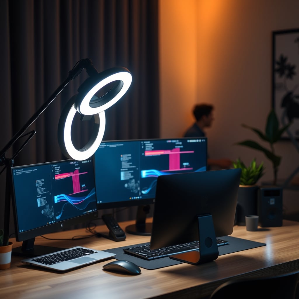 A simple, effective two-light setup for a home office, creating even, natural light on a person's face.