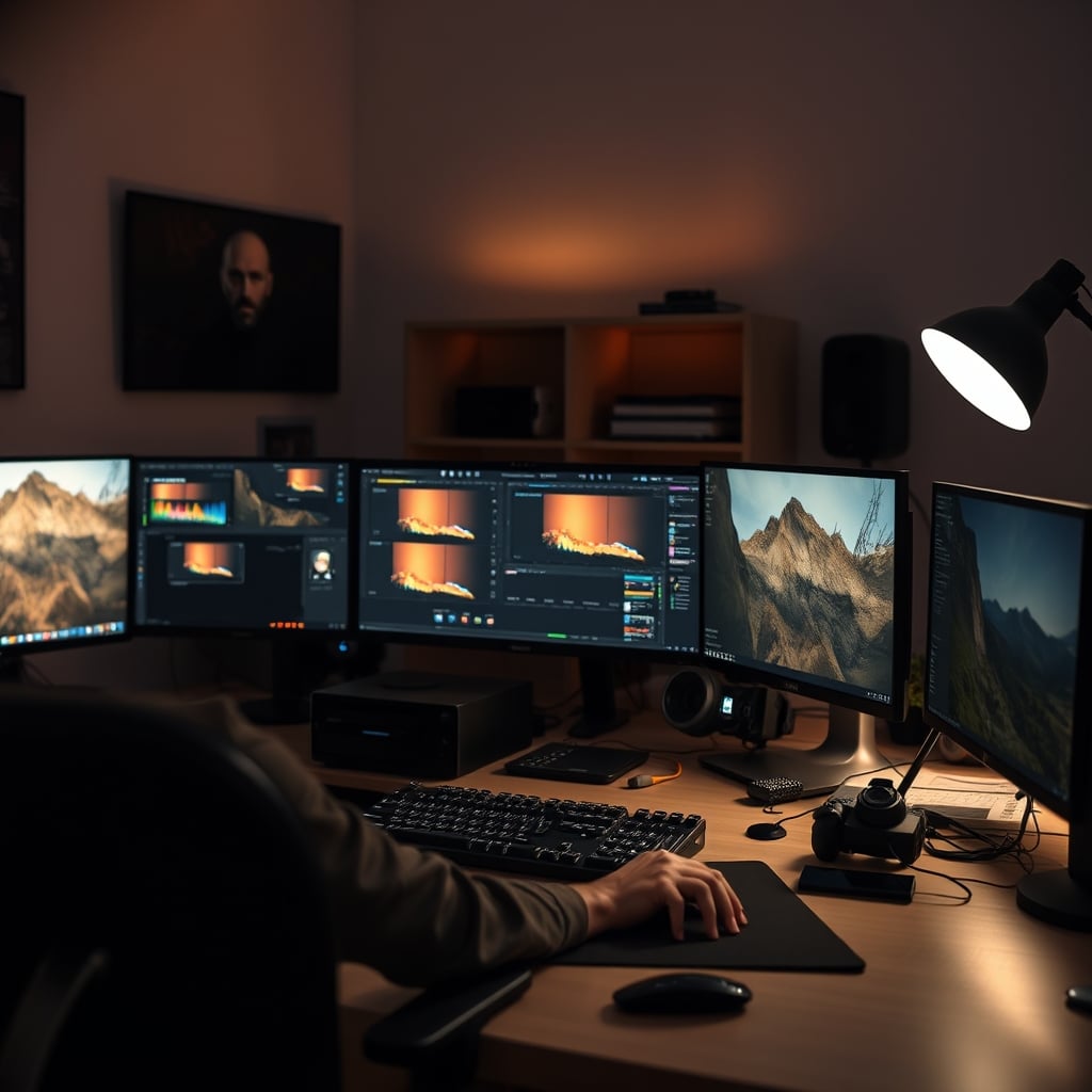 A messy editing timeline full of flat, desaturated Log footage clips, with complex color grading nodes.
