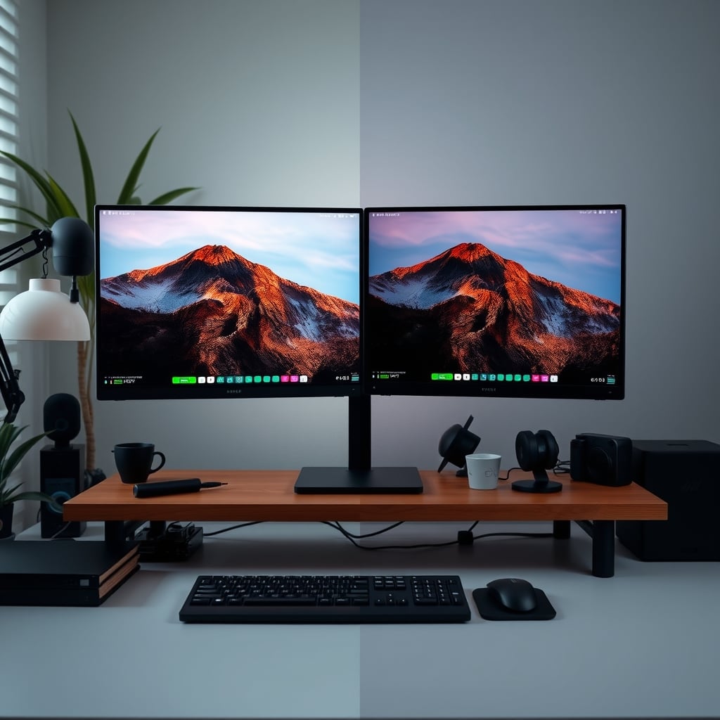 Side-by-side screenshot comparison of a streamer's face, one with an ND filter showing a green tint, one without with natural colors.