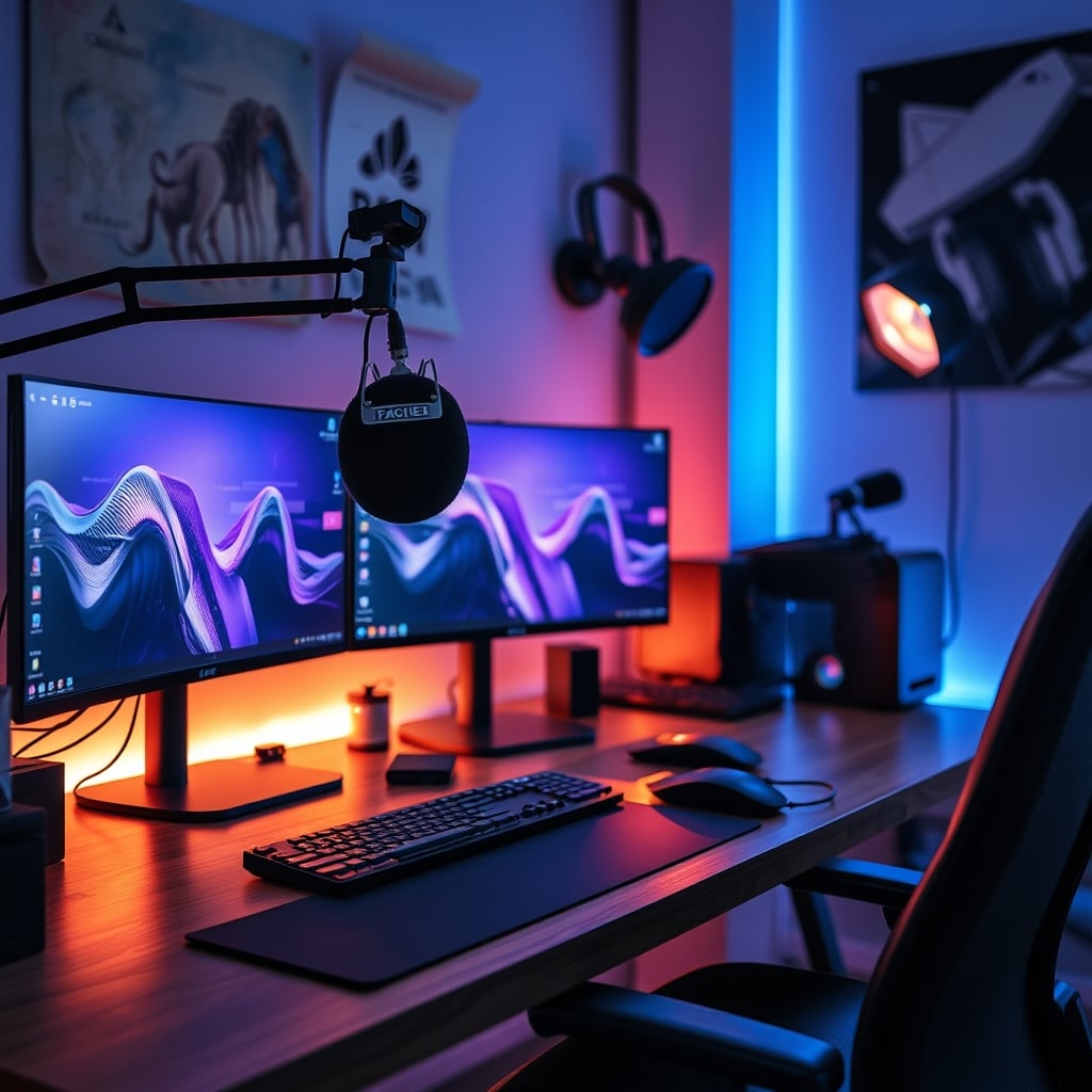 A clean, professional streaming desk with LED panels, a microphone, and a camera, with no lens filters attached.