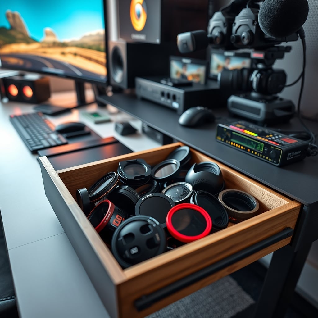 A desk drawer filled with expensive, unused camera filters, illustrating wasted money on a streaming desk.