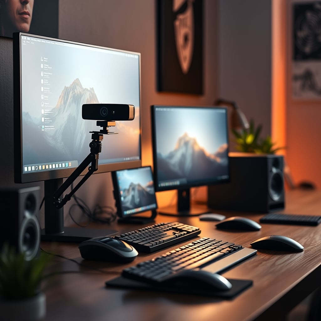 A clean desk with a webcam mounted on a separate arm away from the monitor, demonstrating good thermal management practices.