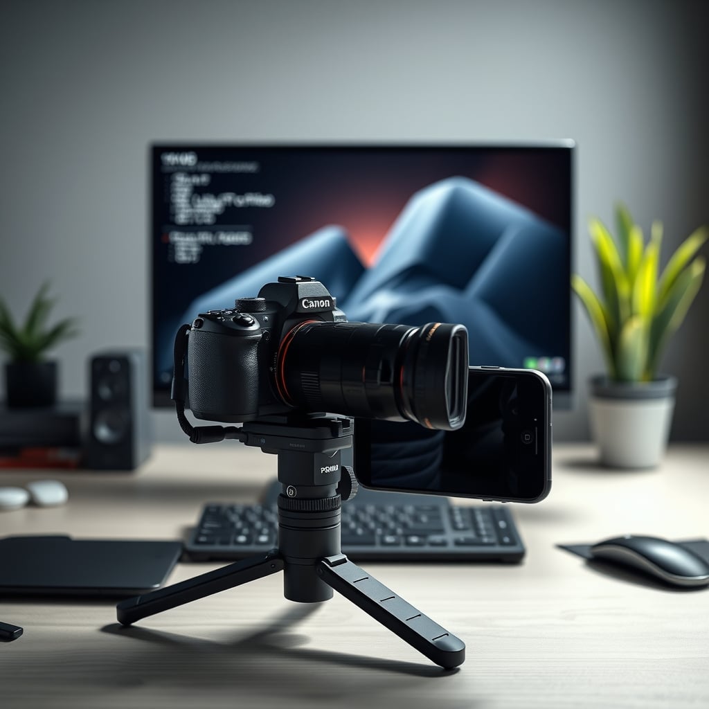 A clean, productive desk setup with a camera on a compact cage and a smartphone on a tripod, showing a gimbal-free content creation station.