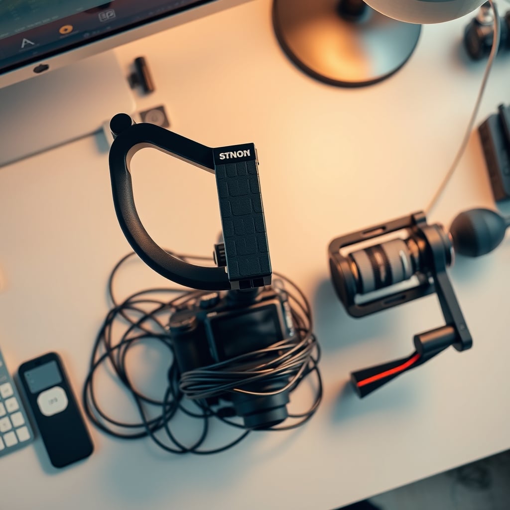 A complex DJI gimbal with tangled cables sits unused next to a clean, simple SmallRig camera cage, illustrating the friction of gimbal setups.