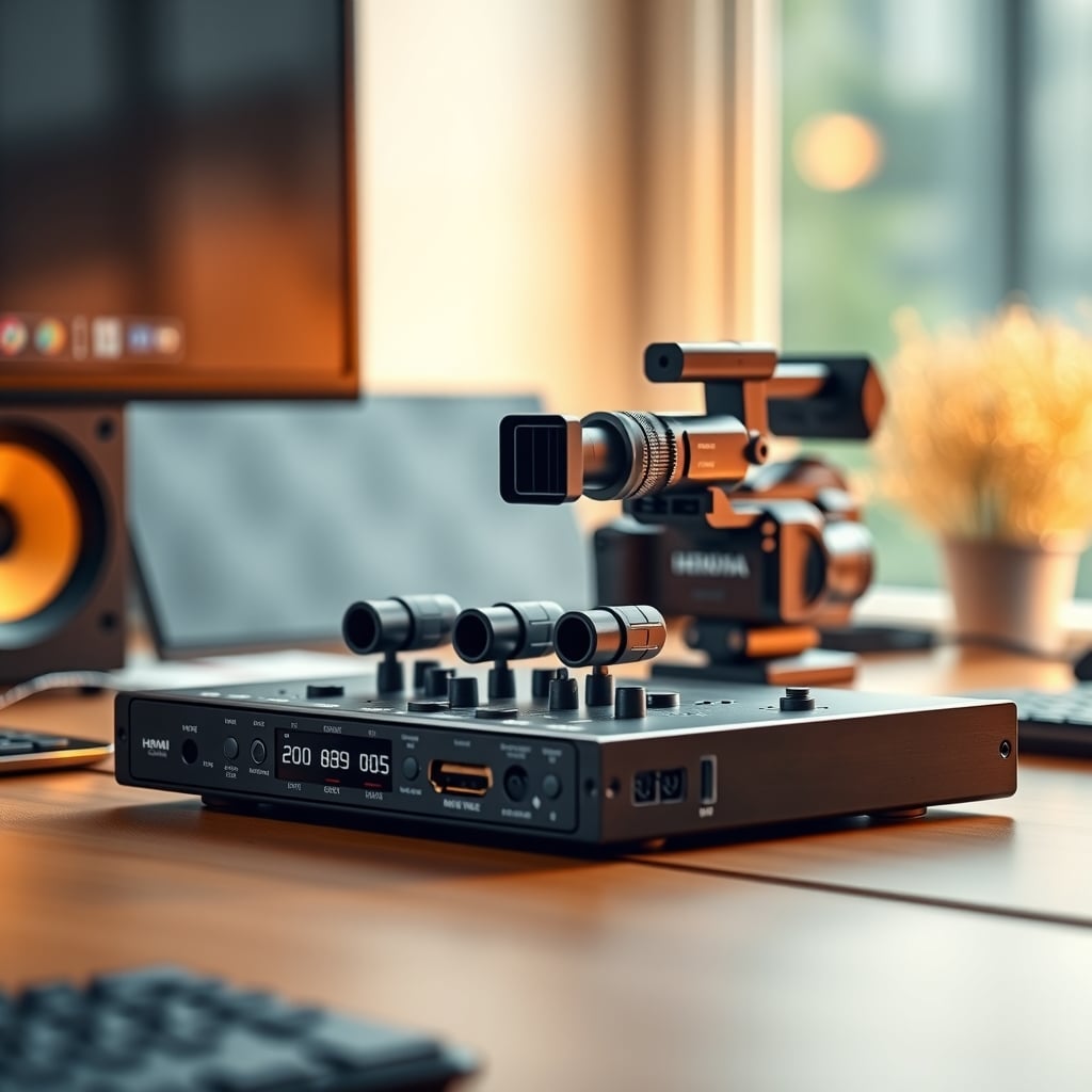 Small four-input HDMI video switcher connected to two cameras on a streaming desk