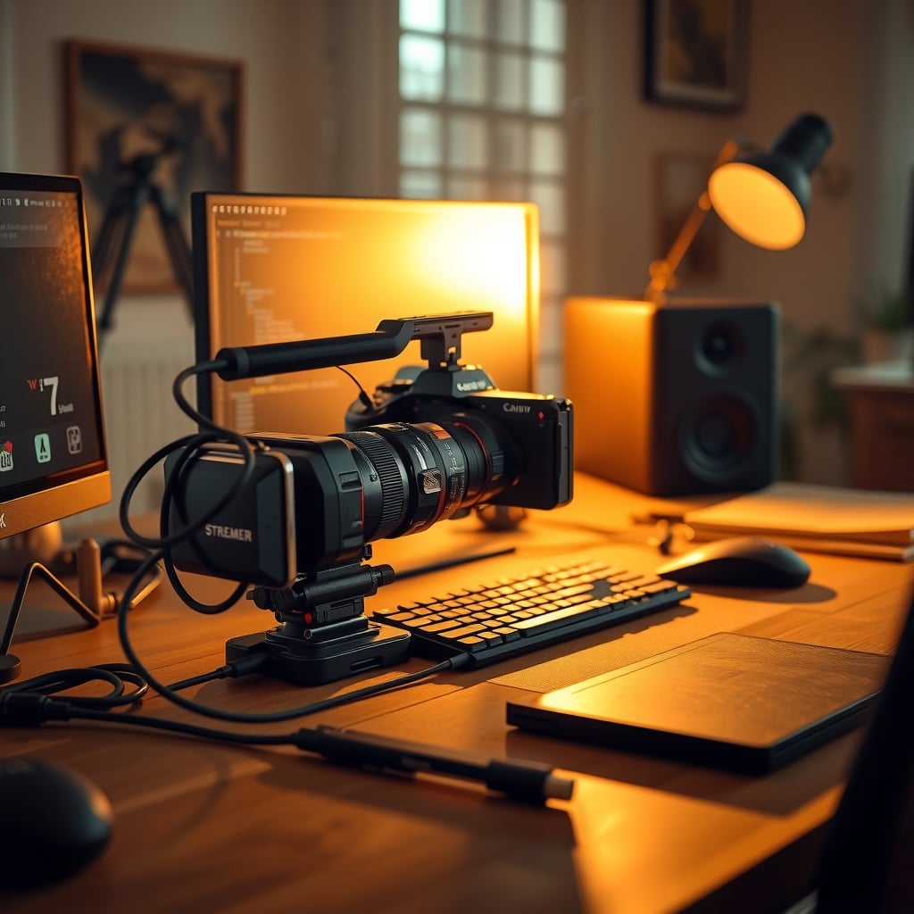Mirrorless camera connected to a laptop via a single USB capture stick on a clean desk
