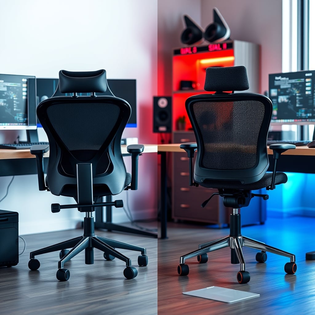 A carbon fiber chair and a standard mesh ergonomic chair side-by-side in an office.