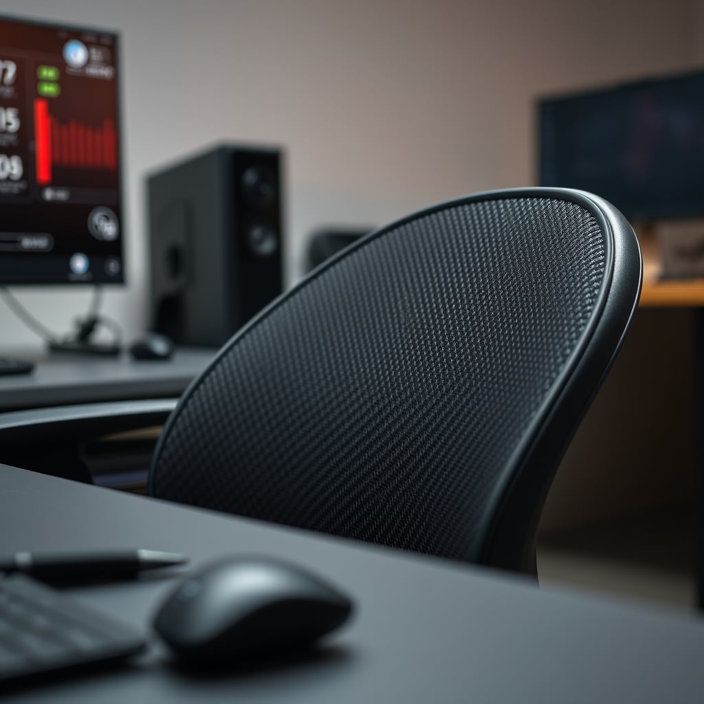 Close-up of a carbon fiber chair seat, showing its rigid, non-breathable weave texture.