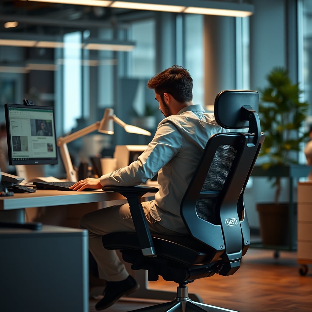 A time-lapse style composite image of one person in an office chair shown in three different positions: reclined, upright, and perched on the edge.