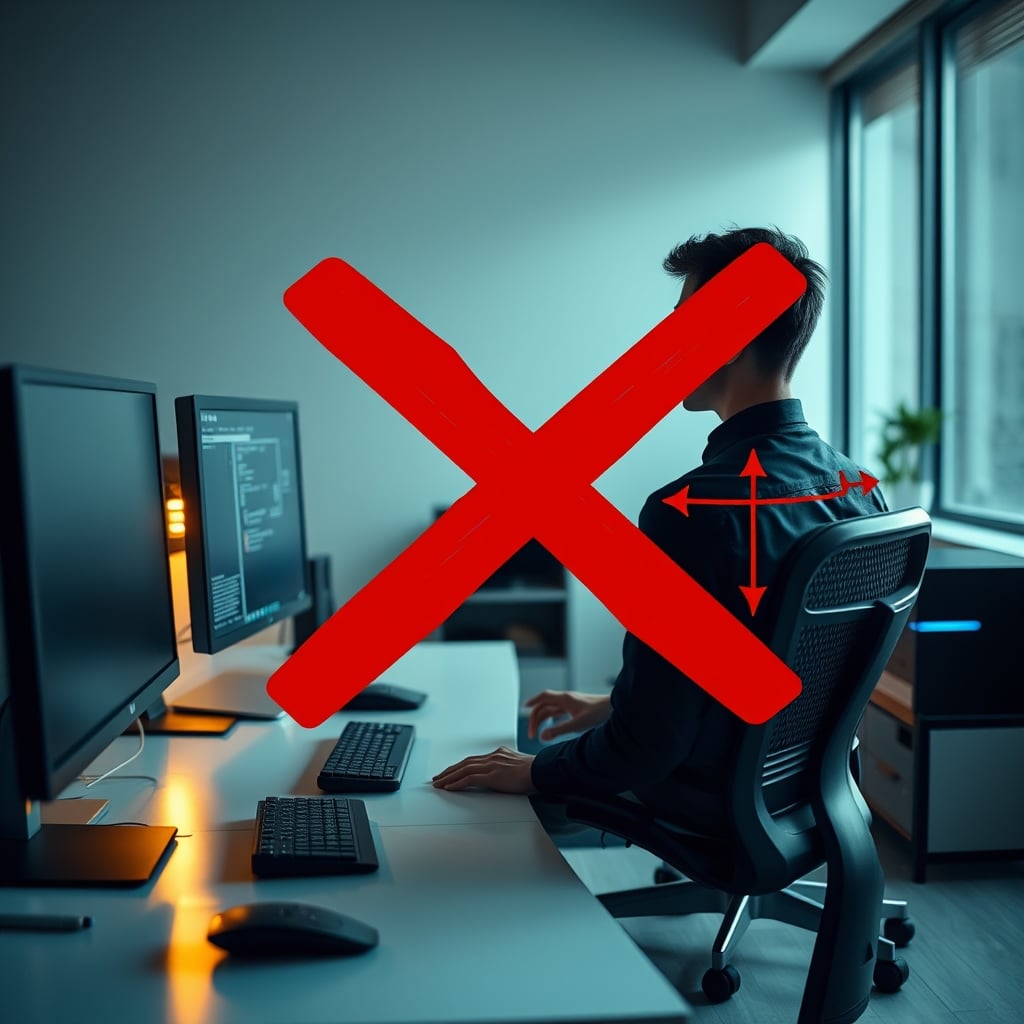 A classic ergonomic posture diagram showing 90-degree angles at knees, hips, and elbows, vandalized with a large red X over it.