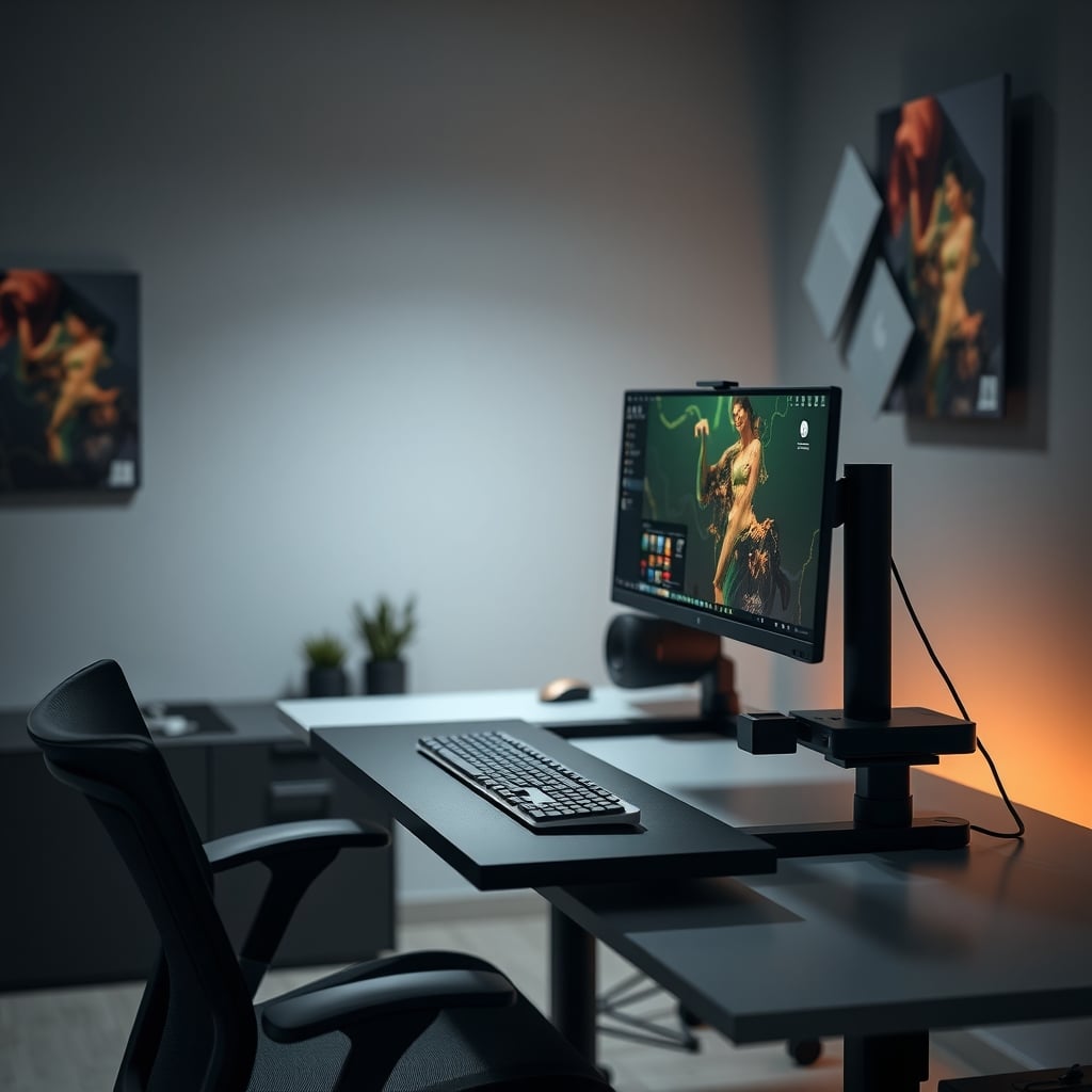Under-desk keyboard tray mounted below a height-adjustable desk in a home office