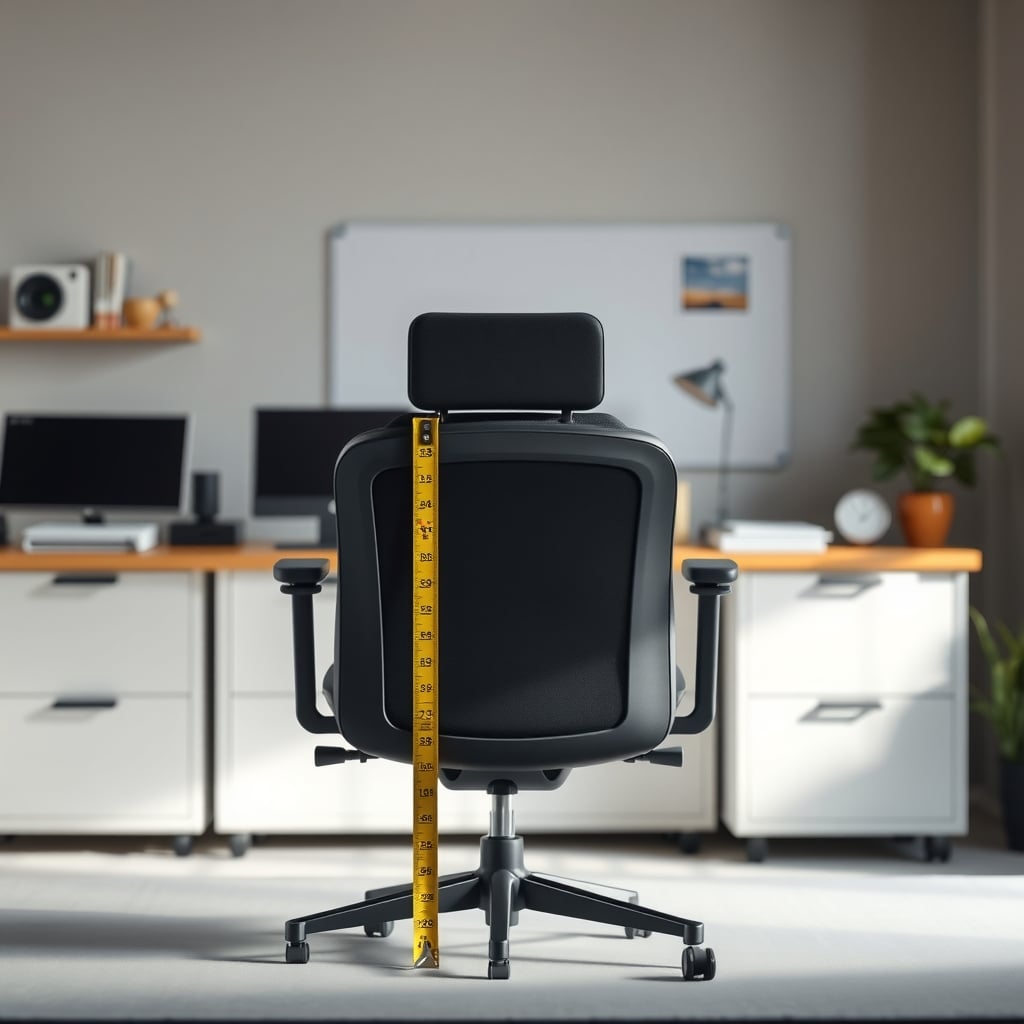 Tape measure showing the distance from the floor to the seat of a compact office chair