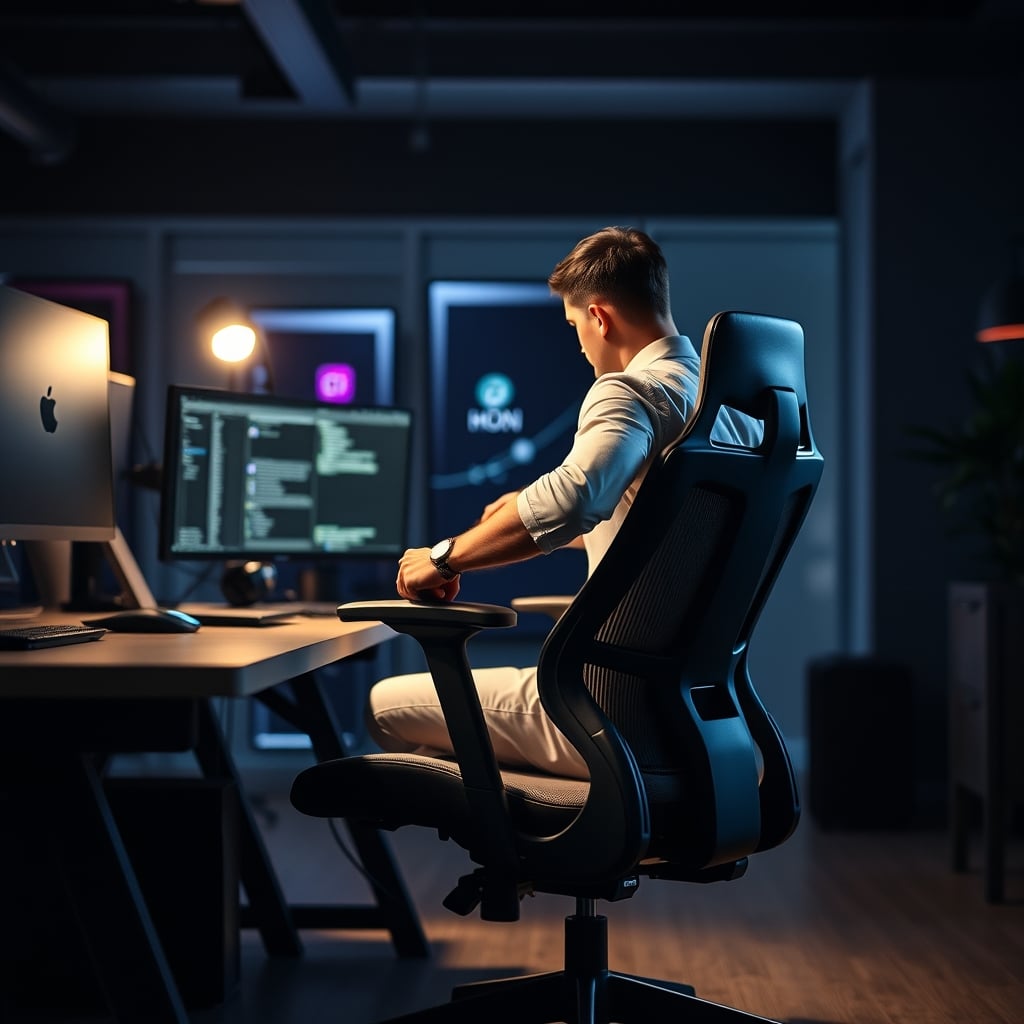 Hands adjusting the seat depth slider on a high-quality ergonomic office chair.