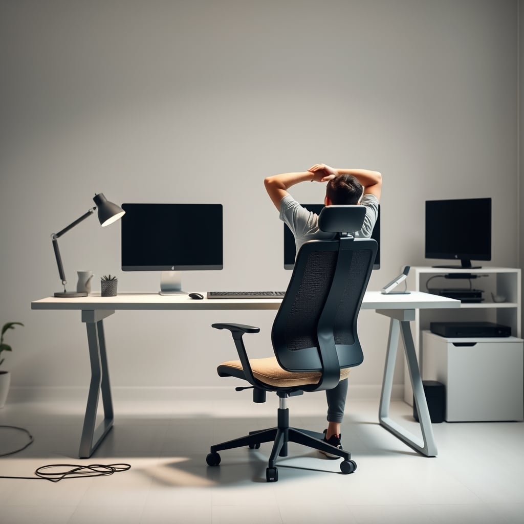 A clean desk setup with a person standing up and stretching away from their chair.