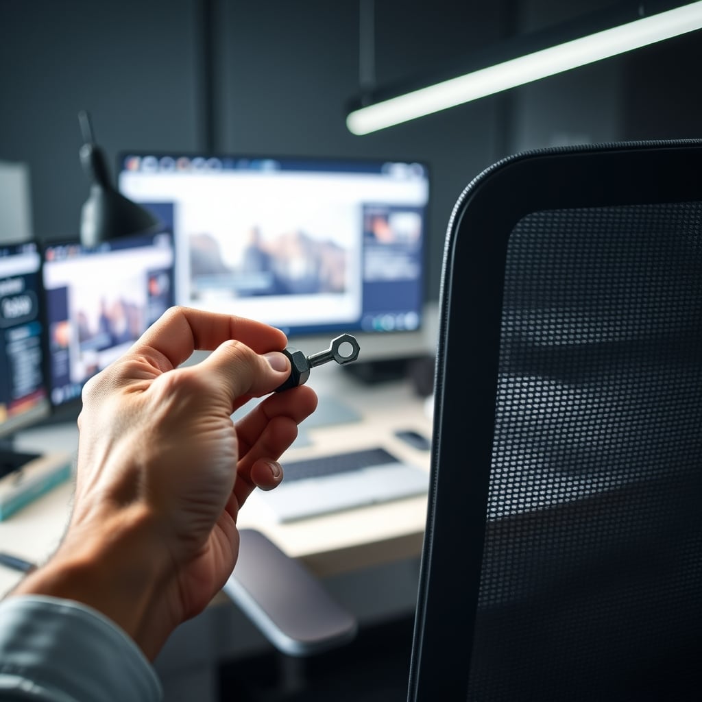 A person's hands using a hex key to tighten a bolt on the base of an office chair.