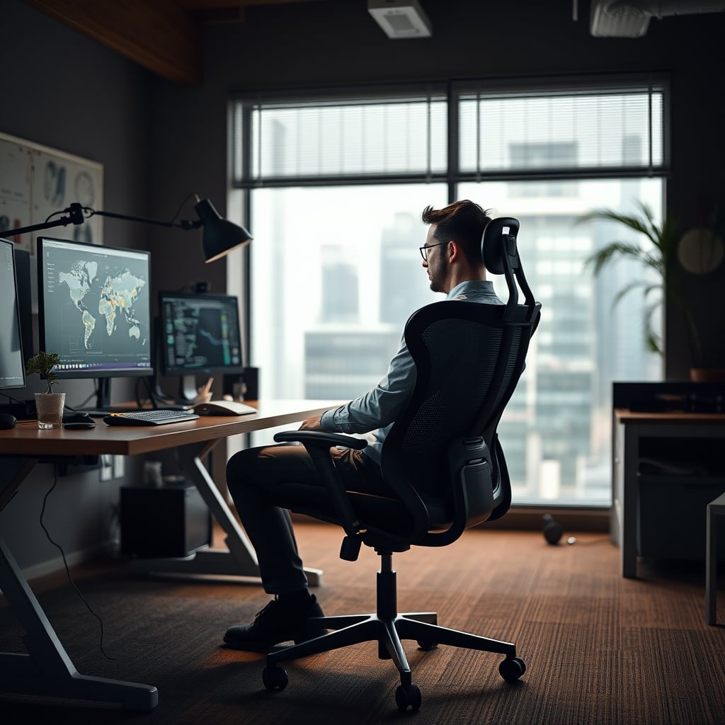 A person working comfortably in a modern home office, sitting in a supportive mesh ergonomic chair.