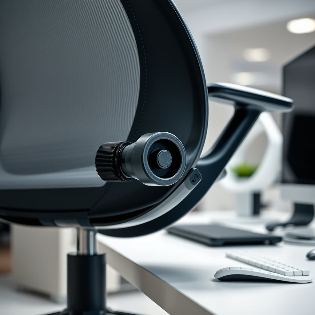 A close-up, technical view of an office chair's gas lift cylinder and tilt mechanism.