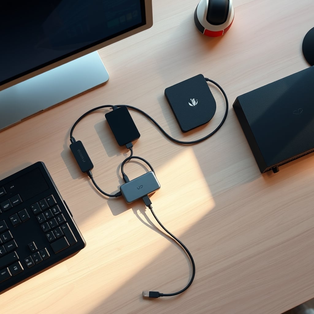 Clean, well-organized desk setup with optimized cable management and a high-quality charger
