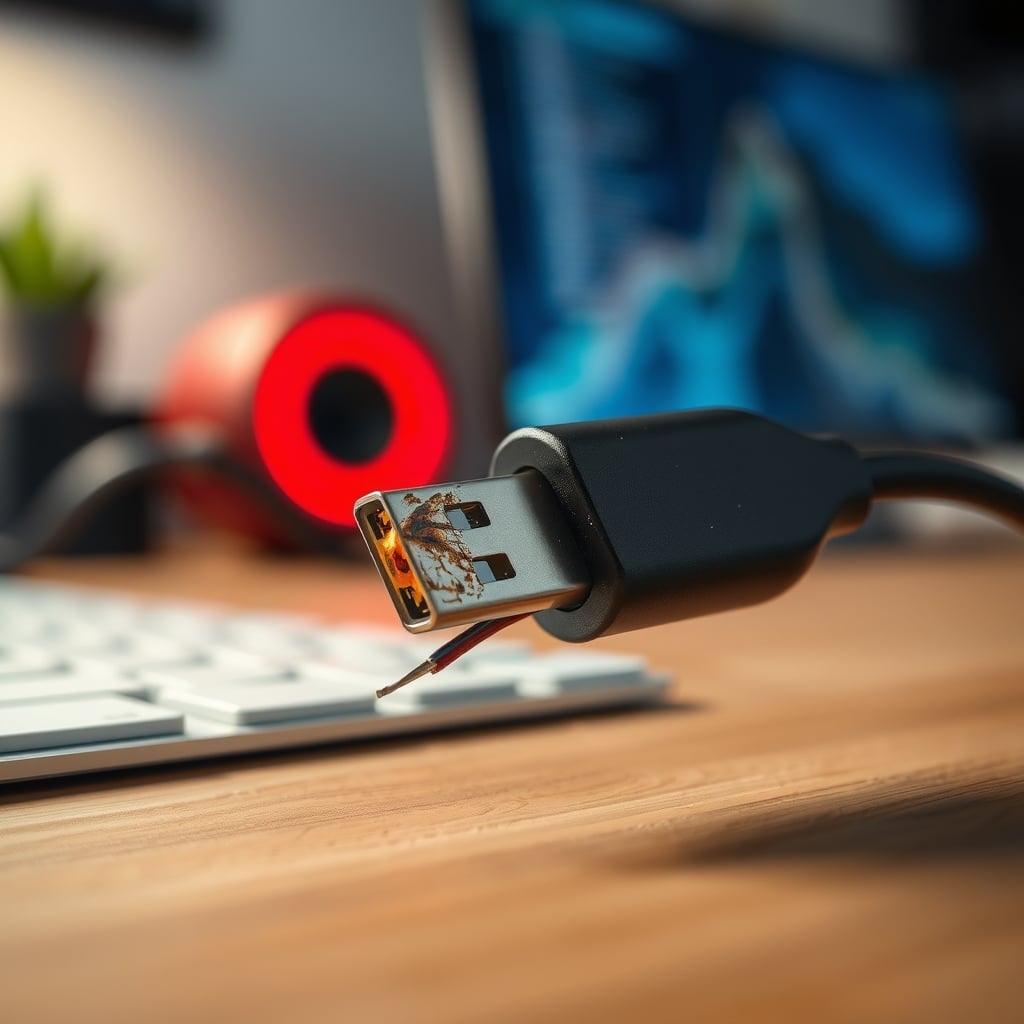 Damaged, low-quality USB-C cable revealing exposed wires and burn marks