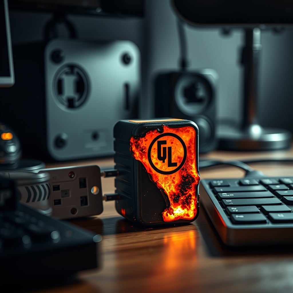 Melted, generic charger block symbolizing failure of superficial safety standards