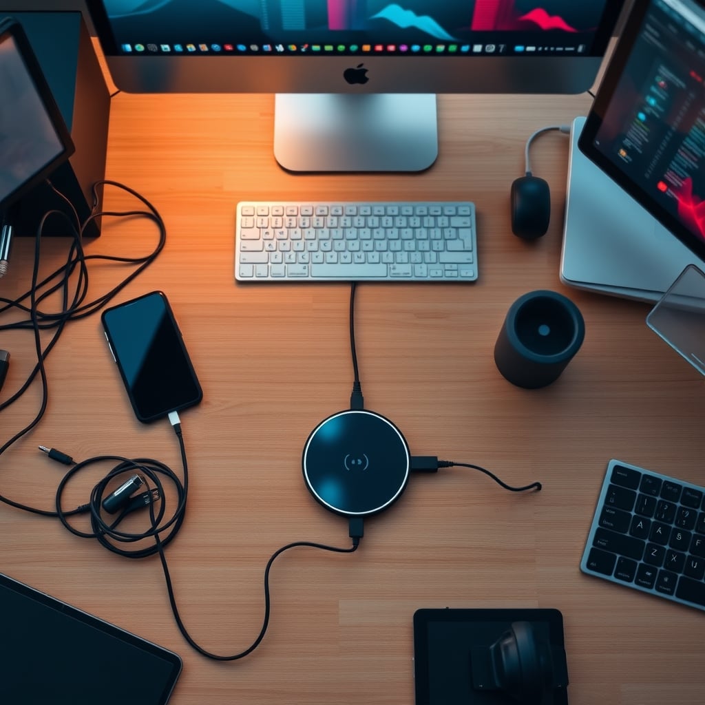 A top-down comparison showing a messy desk with cables next to a clean desk with a single wireless charging hub - highlighting the marketing promise.