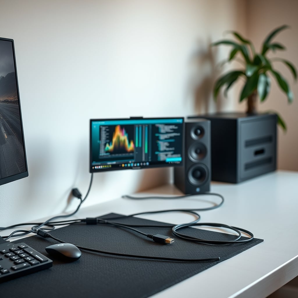 A productive desk setup with thin cables routed cleanly under a desk mat, leading to magnetic connectors at the edge, showing true cable management.