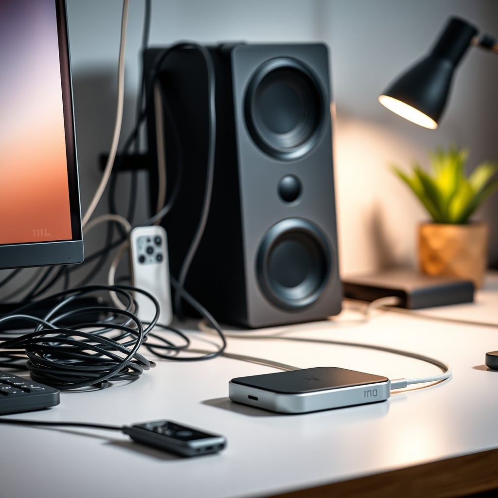 Comparison of cable clutter versus a clean desk with a wireless hub