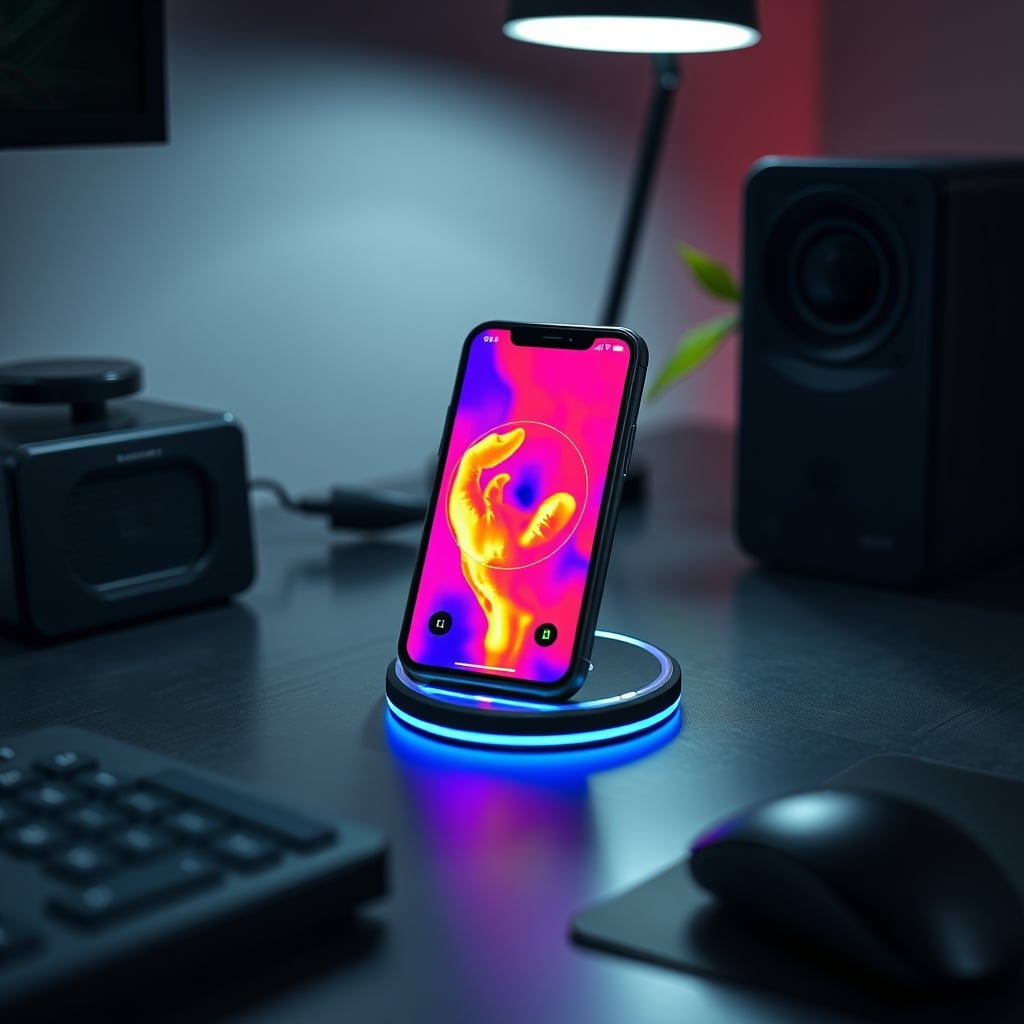 Thermal camera image showing intense heat buildup on a phone from wireless charging