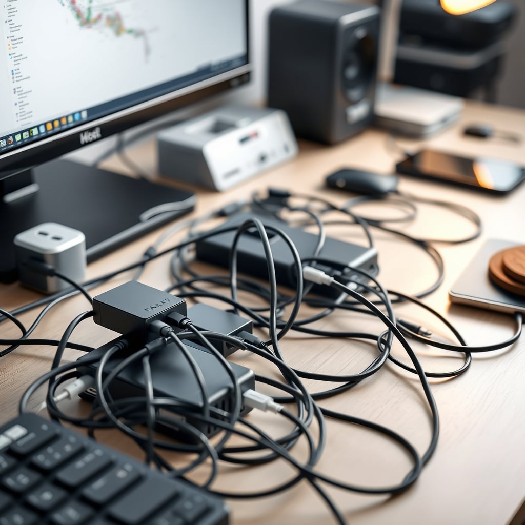 A messy desk with several warm charging hubs and tangled wires creating a heat trap.
