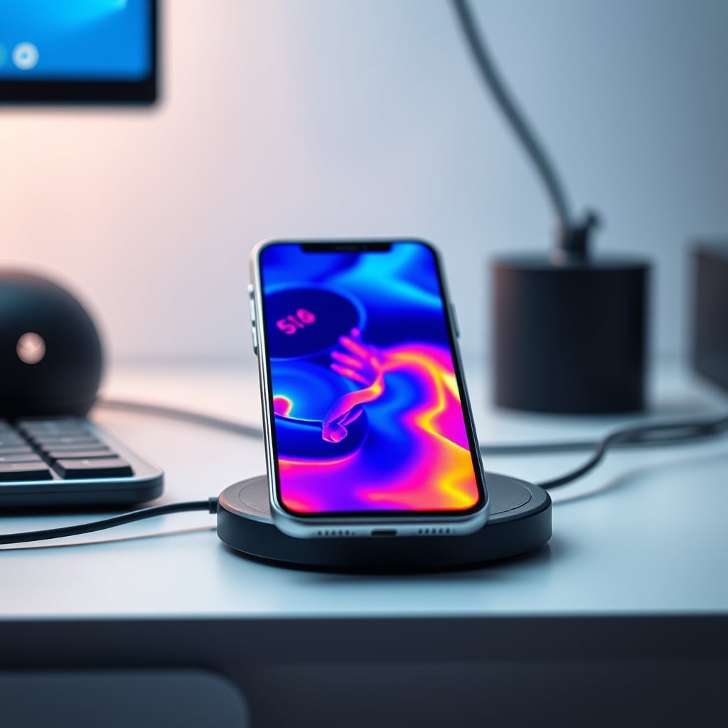 Thermal camera view showing a smartphone hot from wireless charging on a pad.