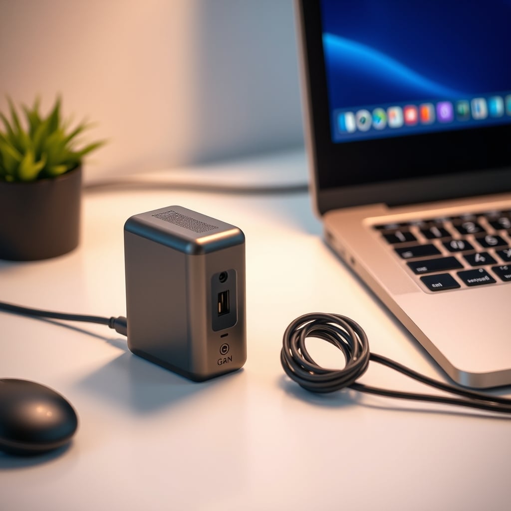 A minimalist desk with just a laptop and a single, compact GaN wall charger.