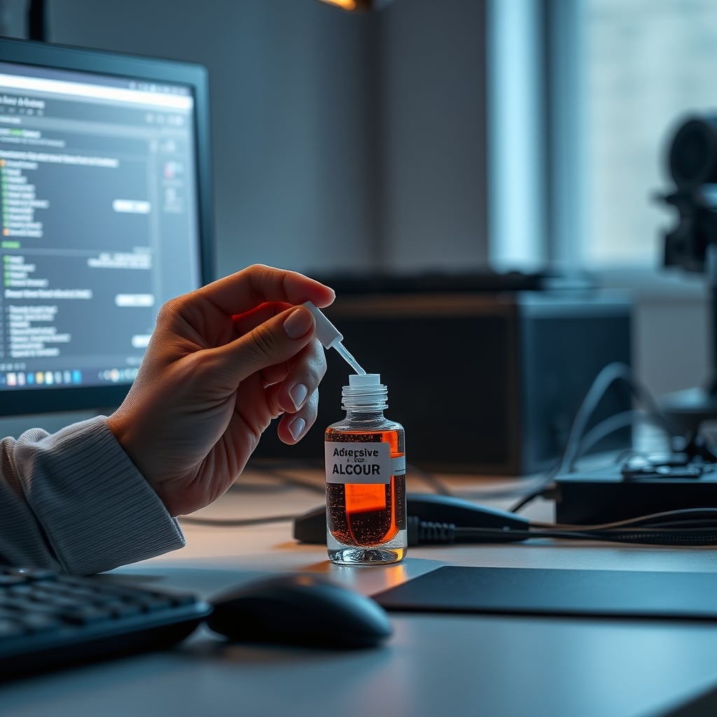 A hand using an alcohol wipe to clean the surface of a desk before applying a cable clip.