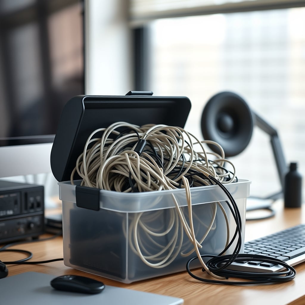 A white cable management box opened to reveal a tangled, overheated mess of power strips and plugs.
