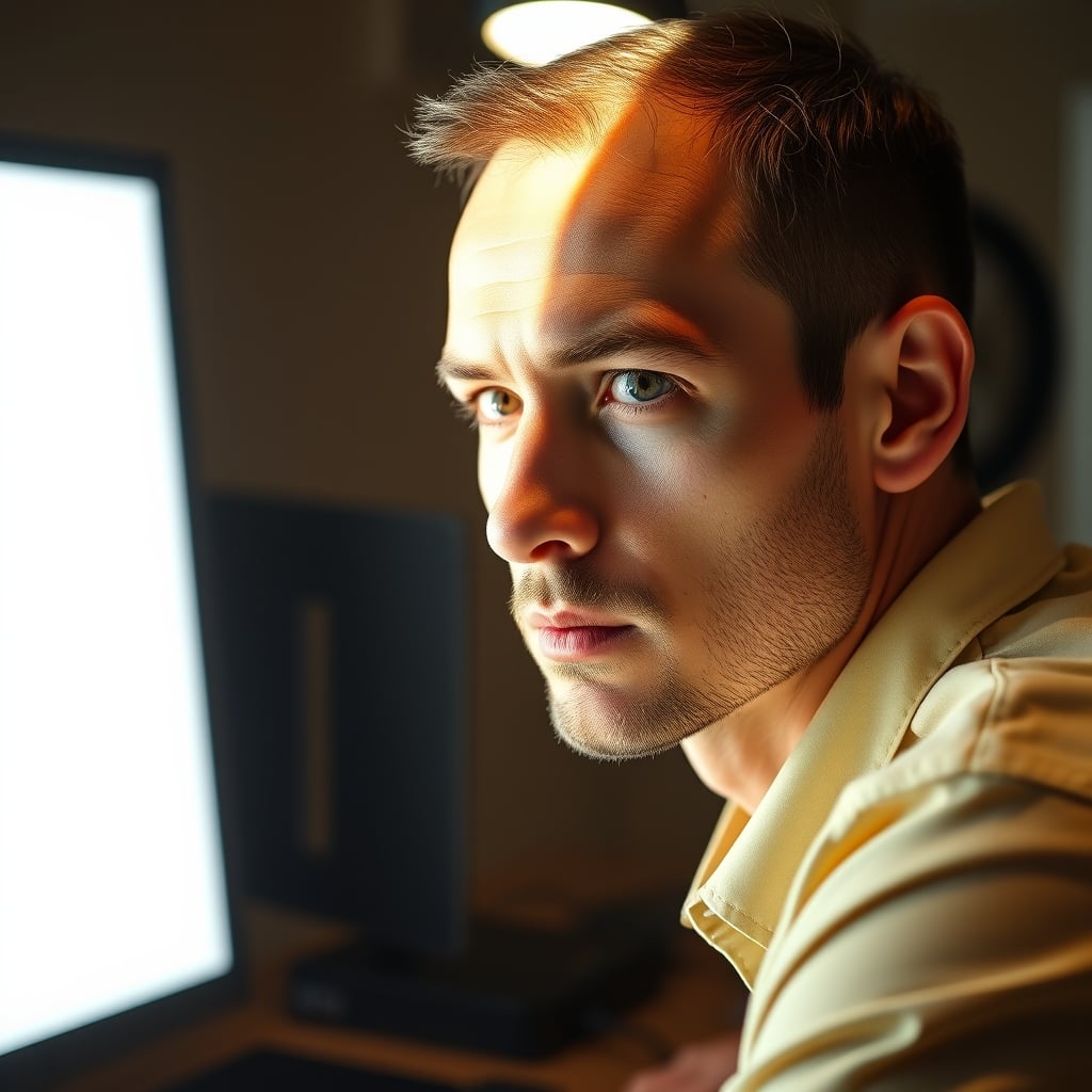 Bad example of cheap YouTuber lighting with harsh shadows from a single LED panel