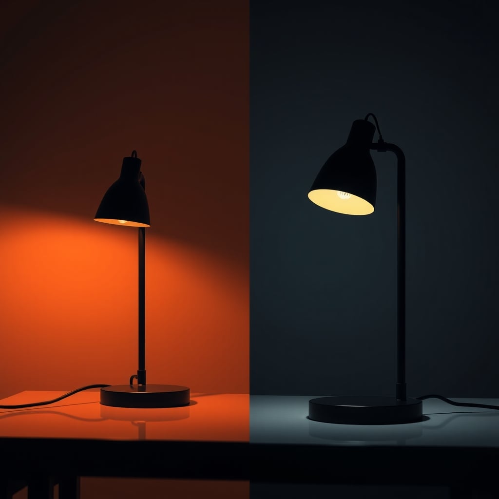 Desk lamp with warm amber and neutral white light modes