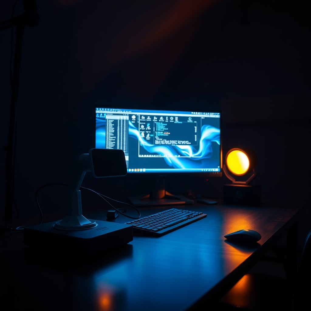 Desk with warm dim lighting at night