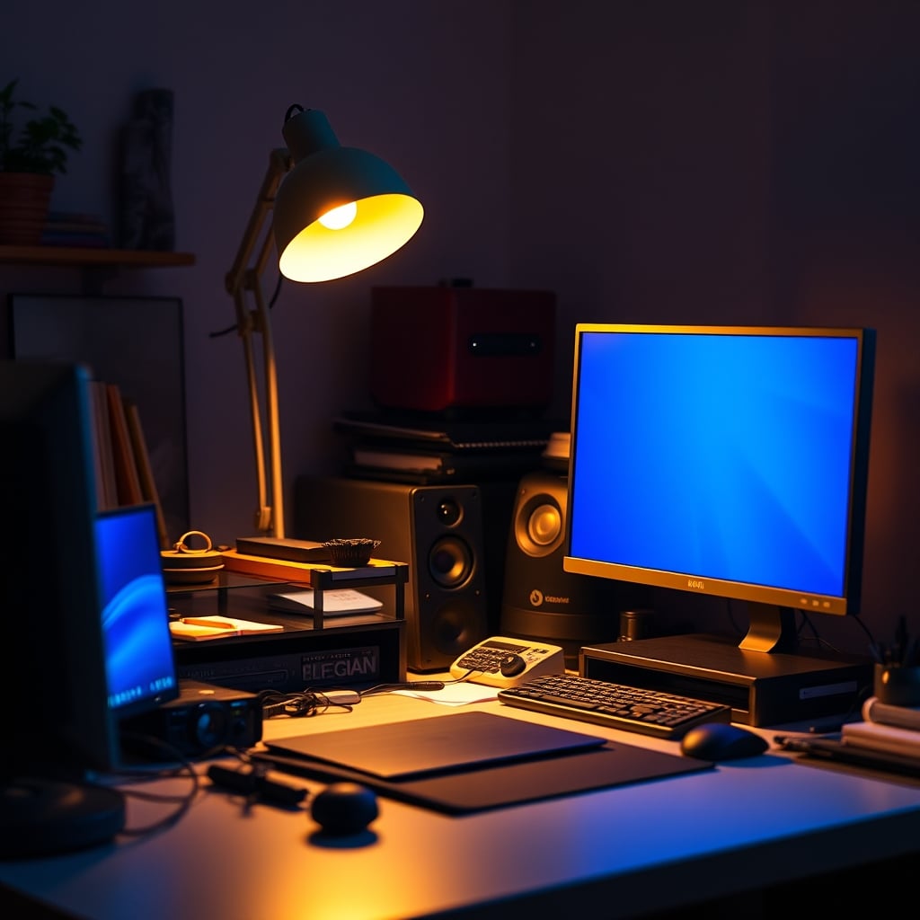 A cluttered desk showing the conflict between a warm circadian desk lamp and the cold light of a computer monitor.