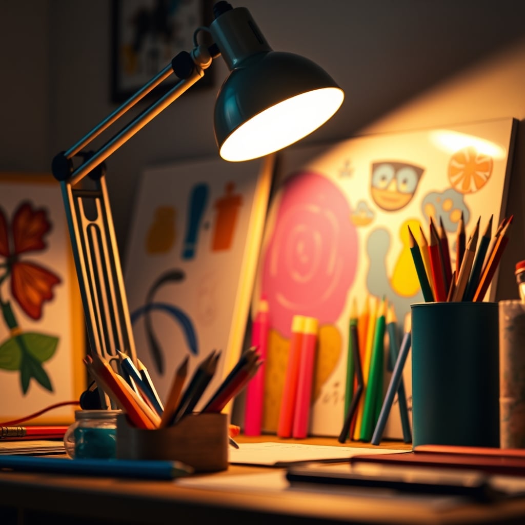 A high-CRI desk lamp accurately illuminating a collection of colorful art supplies.