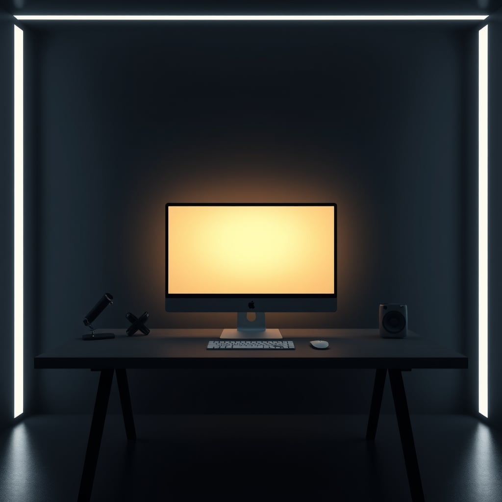 A clean, focused desk with a single, warm, diffused LED strip providing consistent backlight.