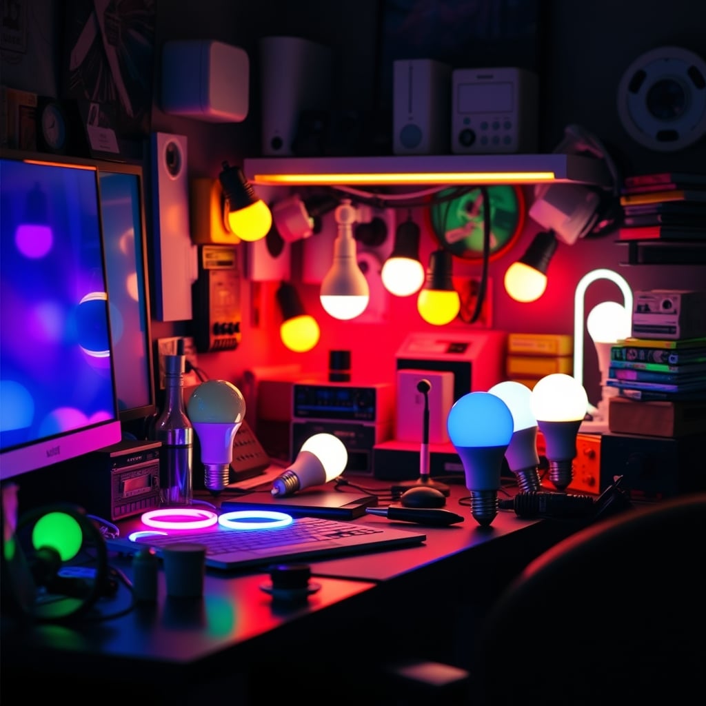 A chaotic desk setup showing multiple circadian smart lights in different colors, creating visual noise.